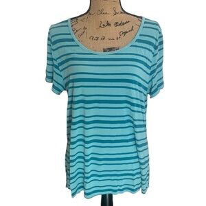 LulaRoe Perfect Tee Blue‎ Striped Short Sleeved Curved Hem Soft Tunic Size XL